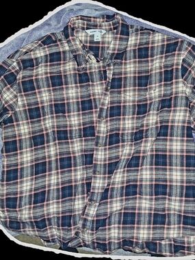 Old Navy Navy and Cream Plaid Button-Down Shirt with Pink Accents